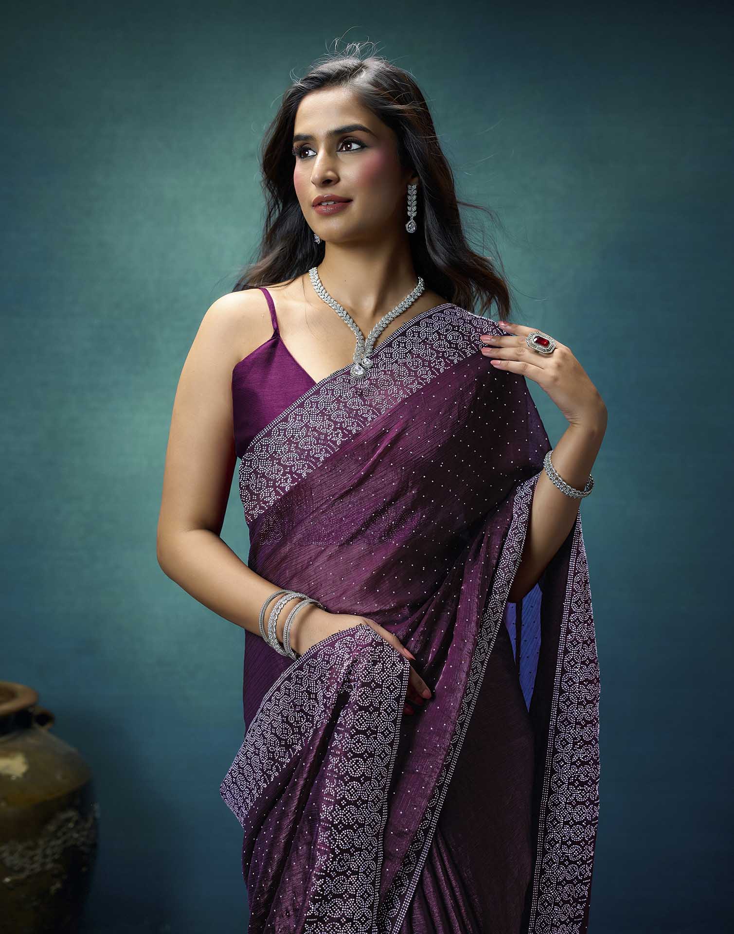 Purple Shimmer Stone Work Swarovski Saree