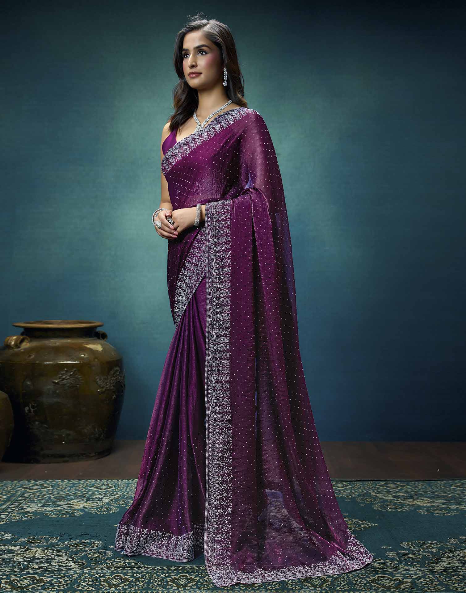 Purple Shimmer Stone Work Swarovski Saree