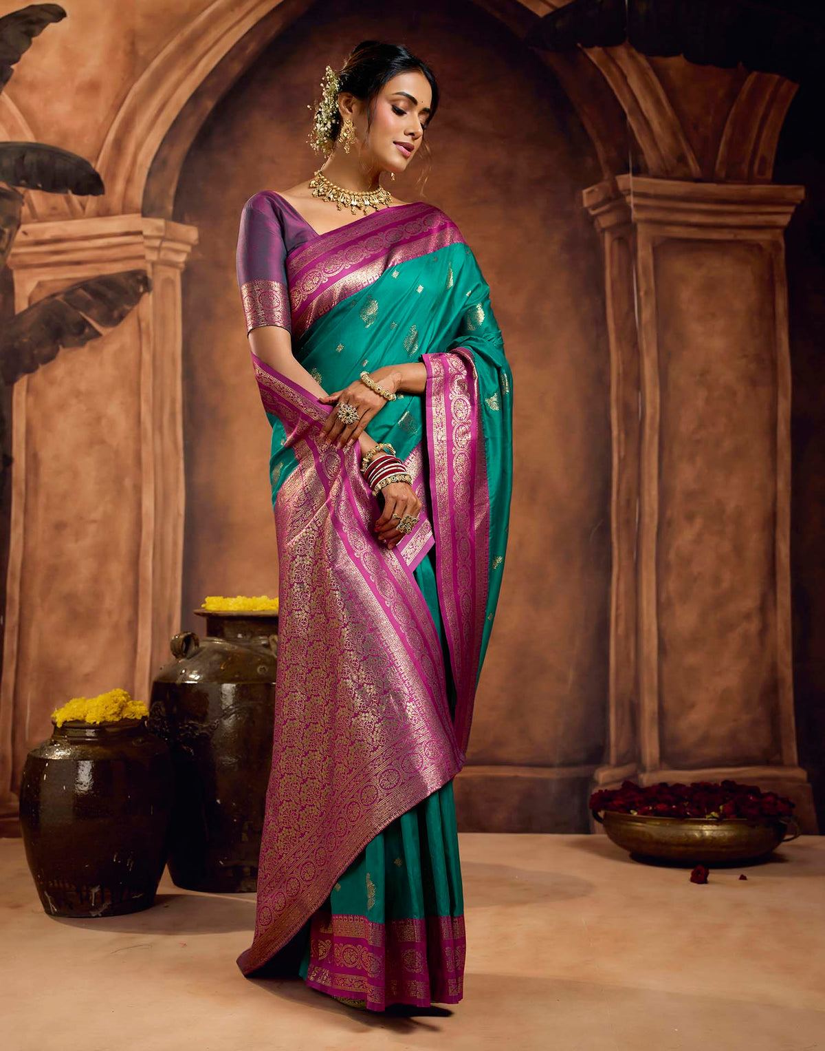 Teal Blue Silk Woven Banarasi Saree