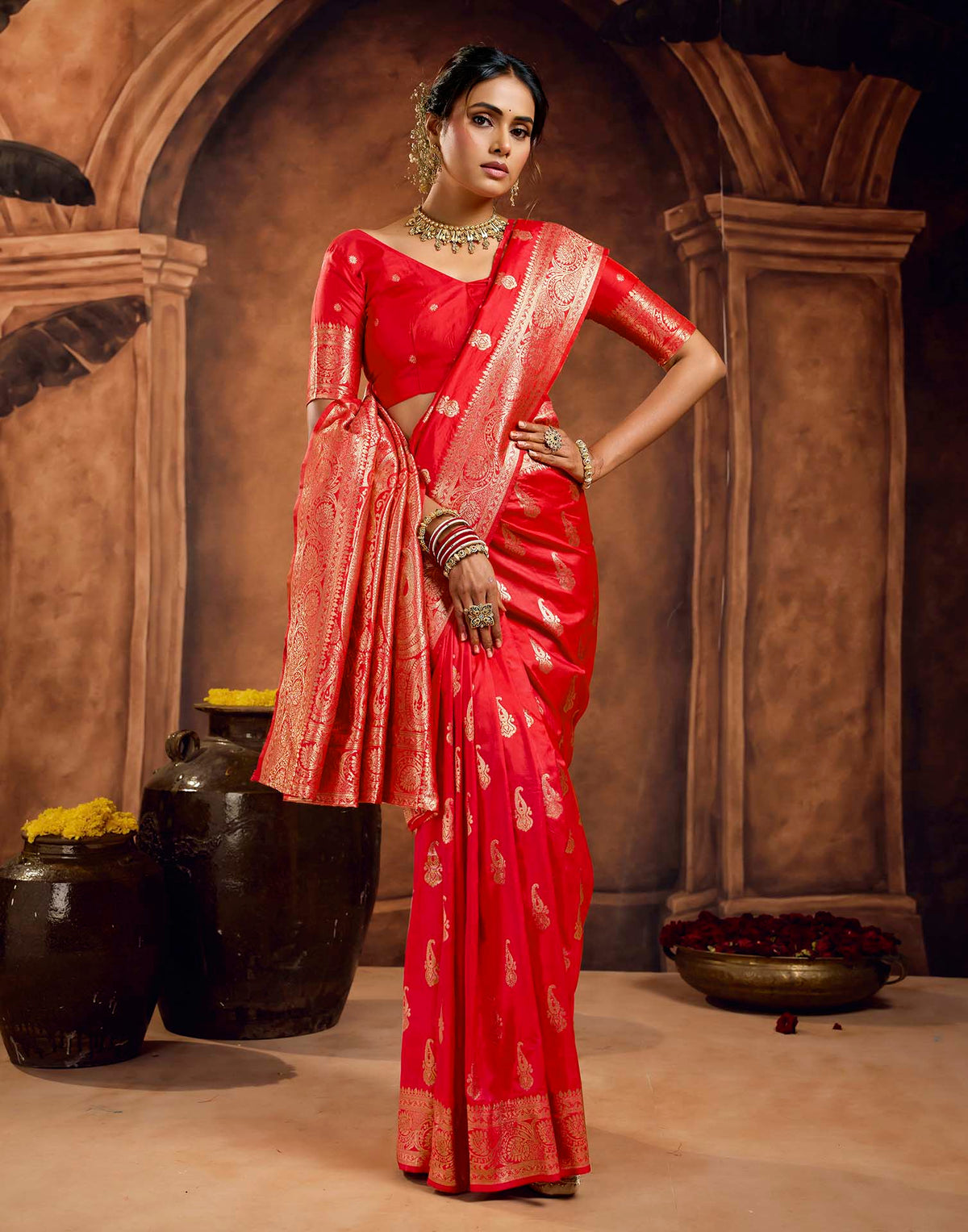 Bright Red Silk Woven Banarasi Saree