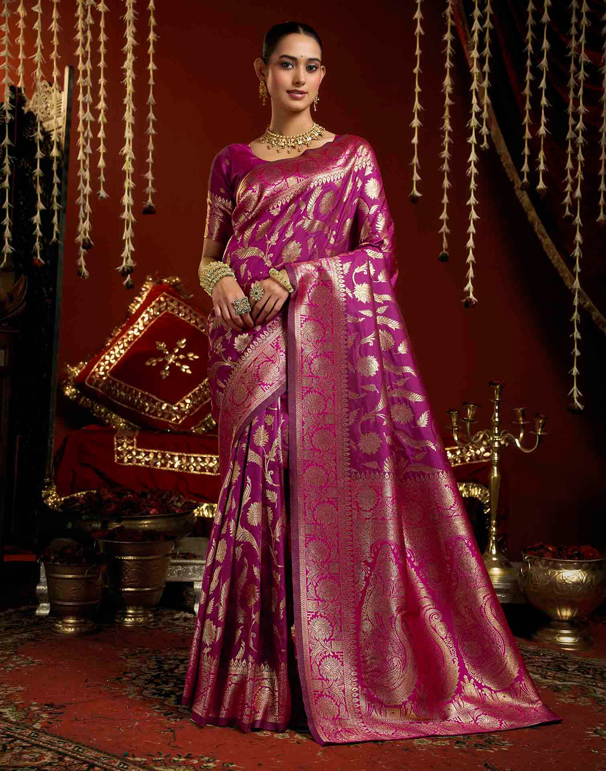 Magenta Silk Woven Banarasi Saree