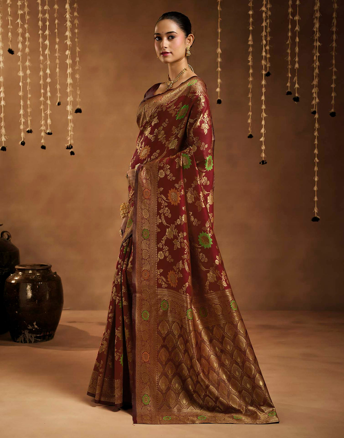 Maroon Silk Woven Banarasi Saree