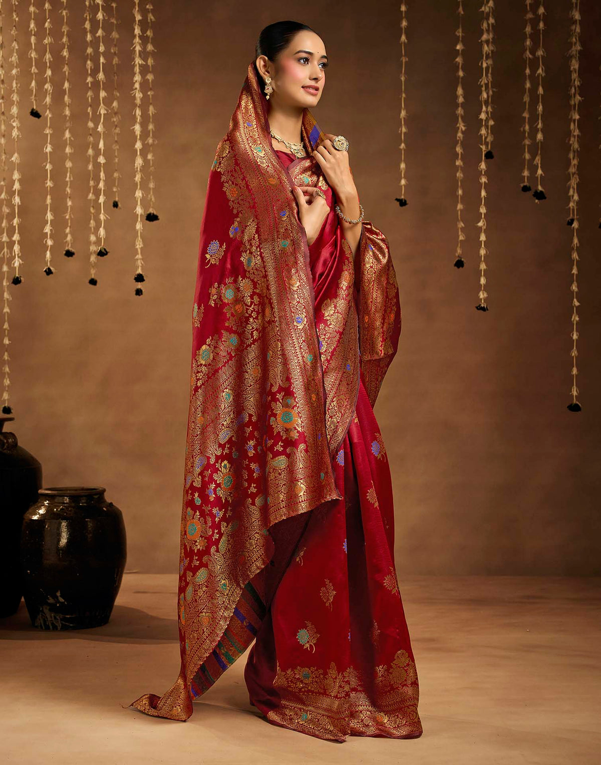 Maroon Silk Woven Banarasi Saree