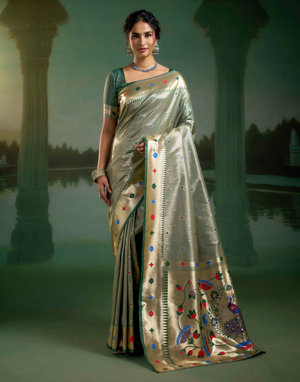 Sage Green Silk Woven Paithani Saree