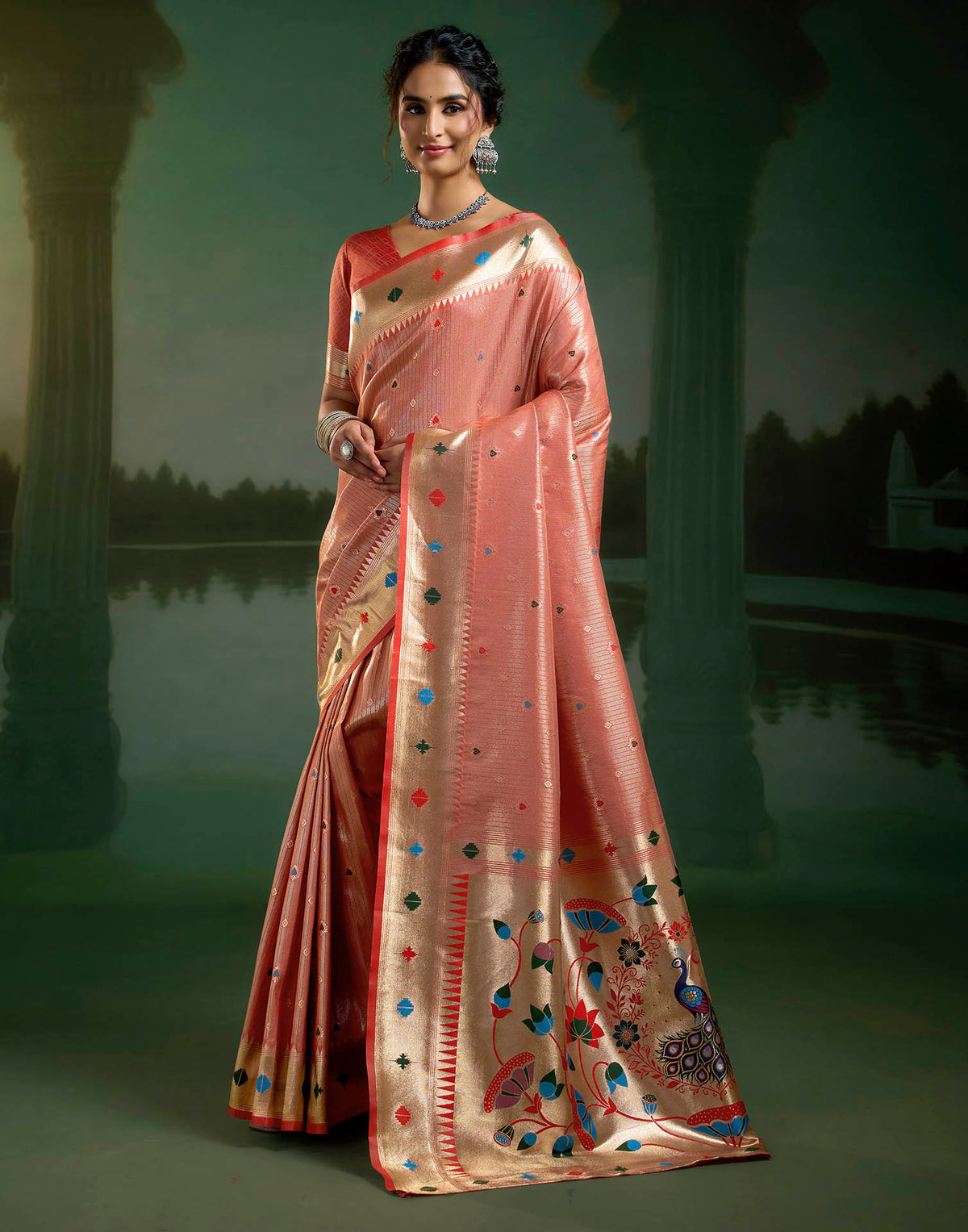 Coral Red Silk Woven Paithani Saree