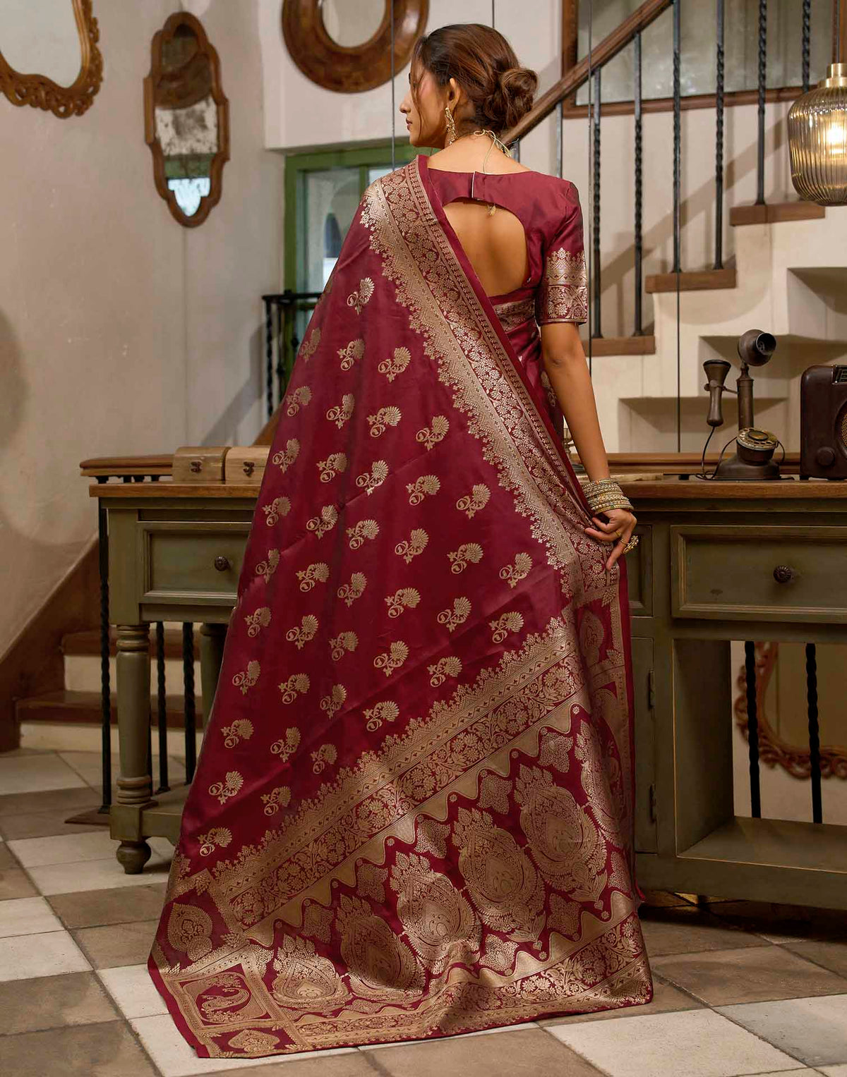 Maroon Silk Woven Banarasi Saree