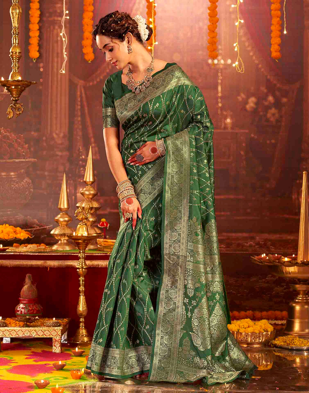 Dark Green Silk Woven Banarasi Saree