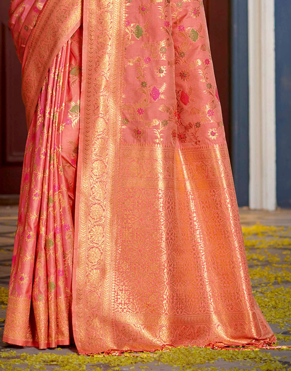 Peach Pink Silk Woven Banarasi Saree