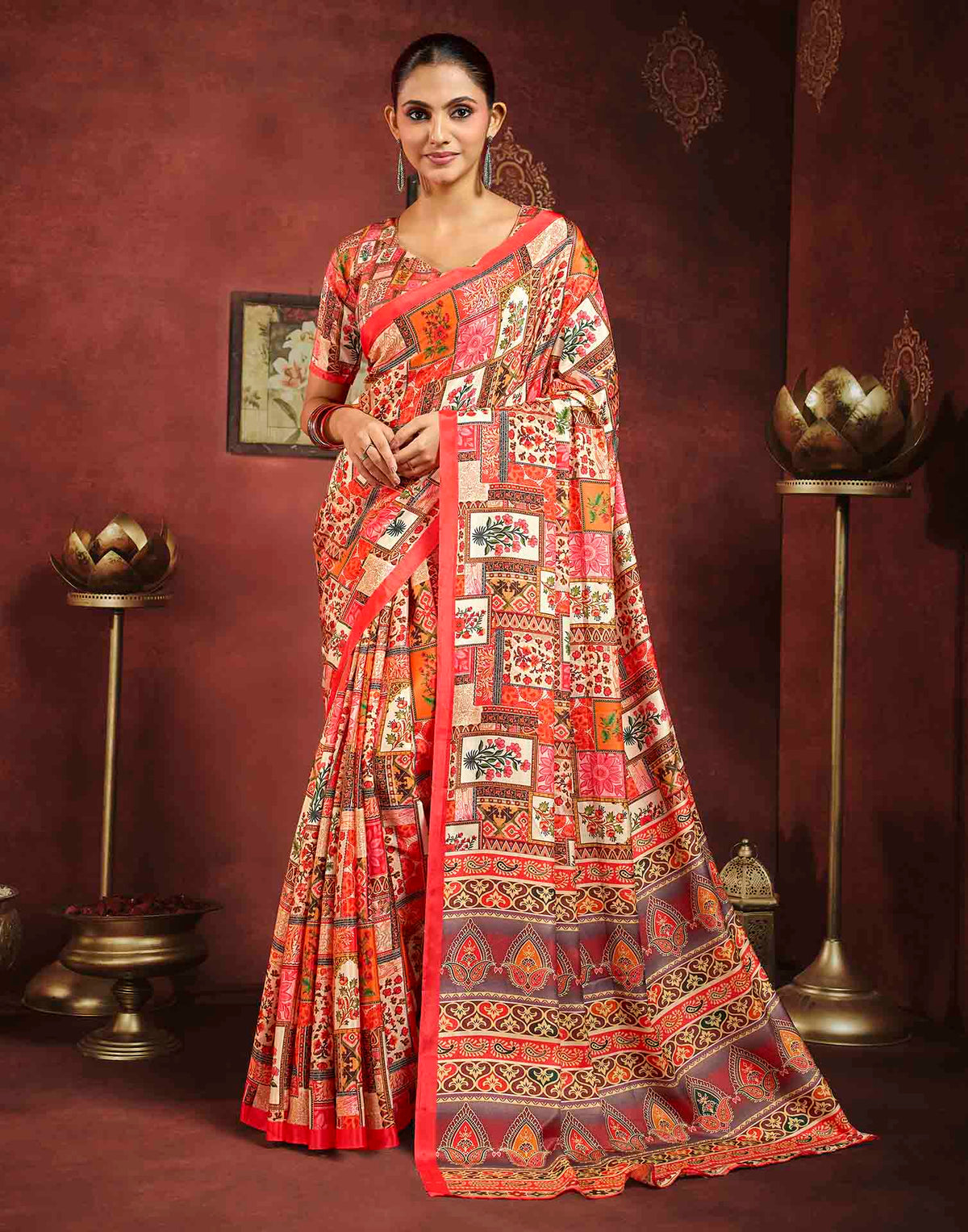 Coral Red Viscose Silk Printed Ajrakh Saree