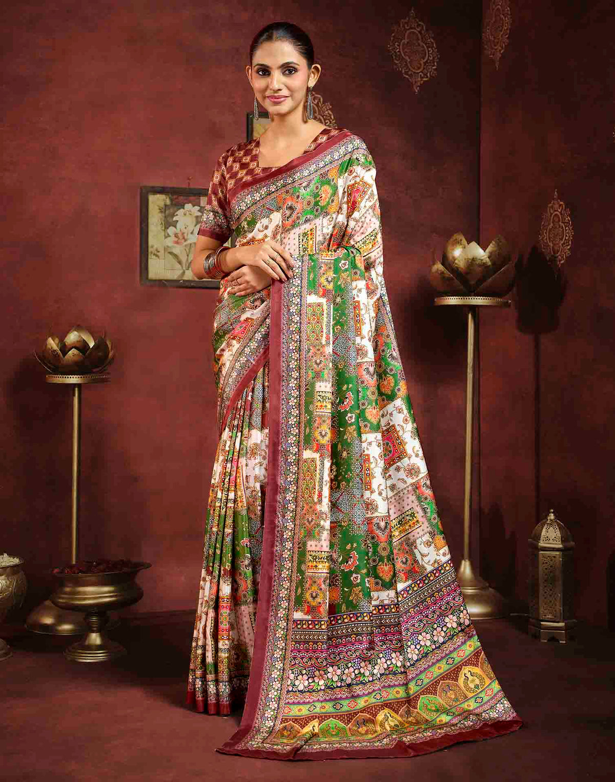 Multicoloured Viscose Silk Printed Ajrakh Saree