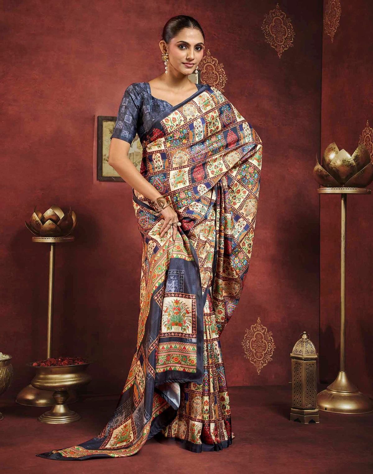 Multicoloured Viscose Silk Printed Ajrakh Saree