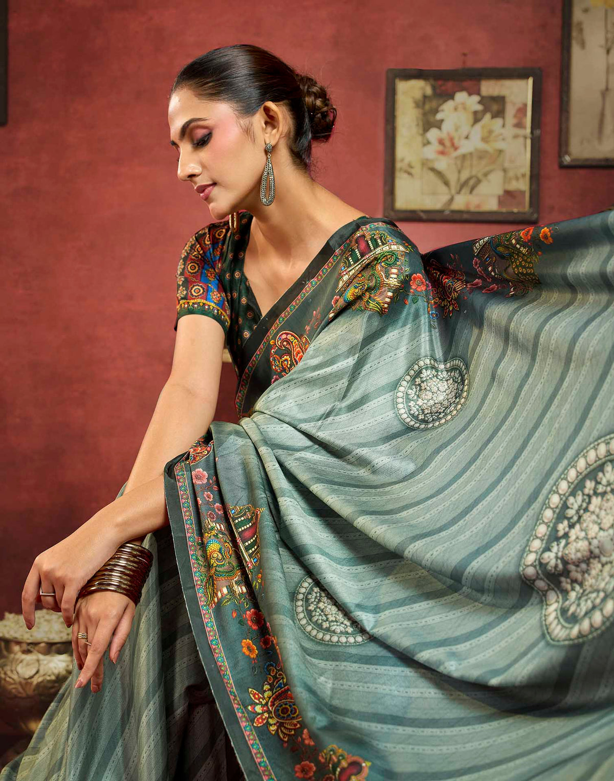 Sage Green Viscose Silk Printed Kalamkari Saree