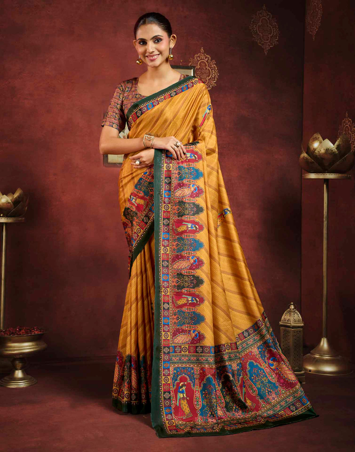 Mustard Yellow Viscose Silk Printed Kalamkari Saree