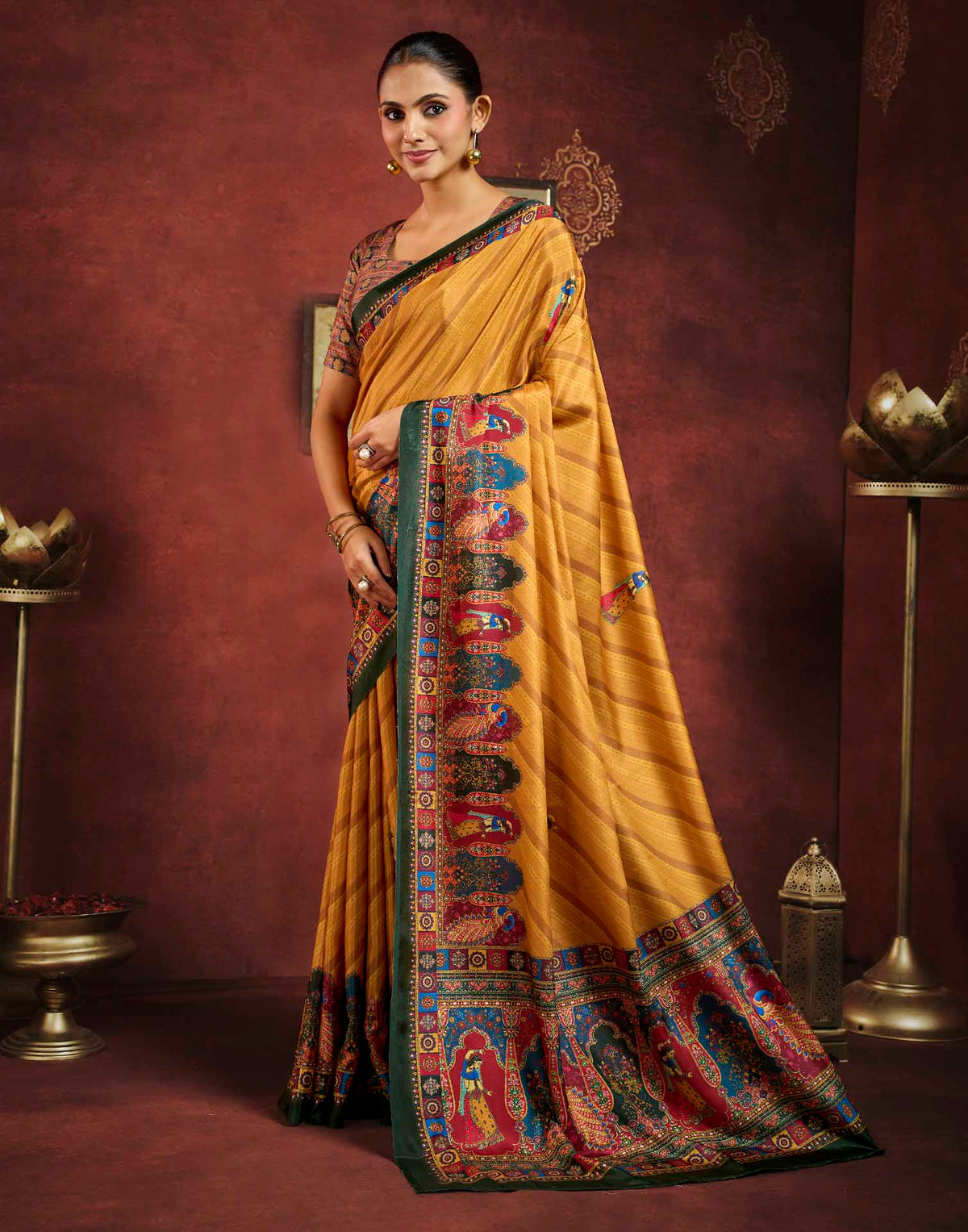 Mustard Yellow Viscose Silk Printed Kalamkari Saree