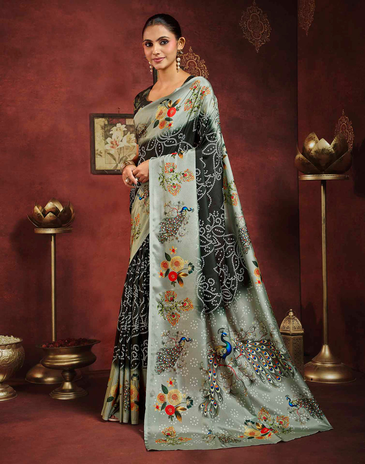 Black Viscose Silk Printed Bandhani Saree