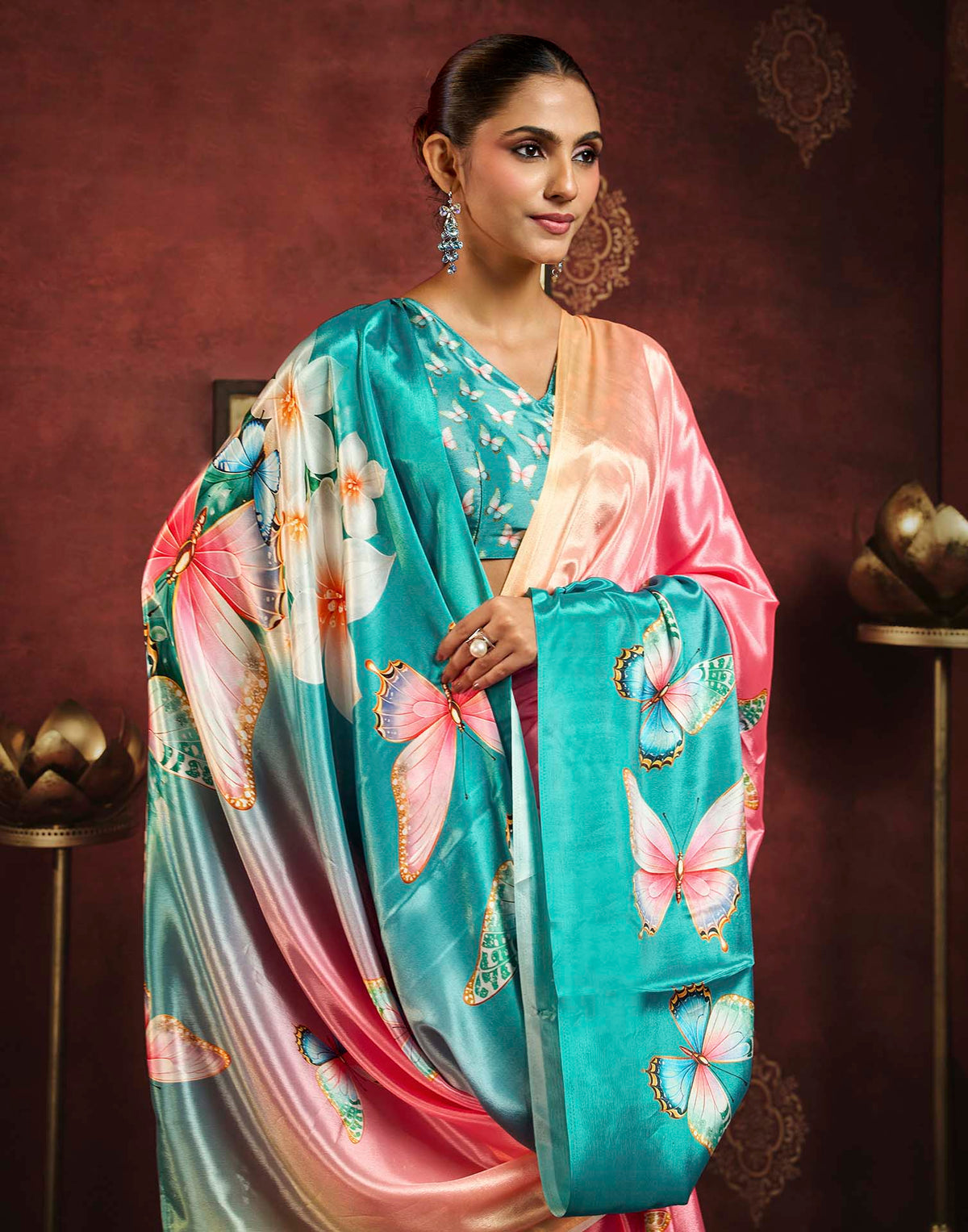 Peach Pink Viscose Silk Butterfly Printed Saree