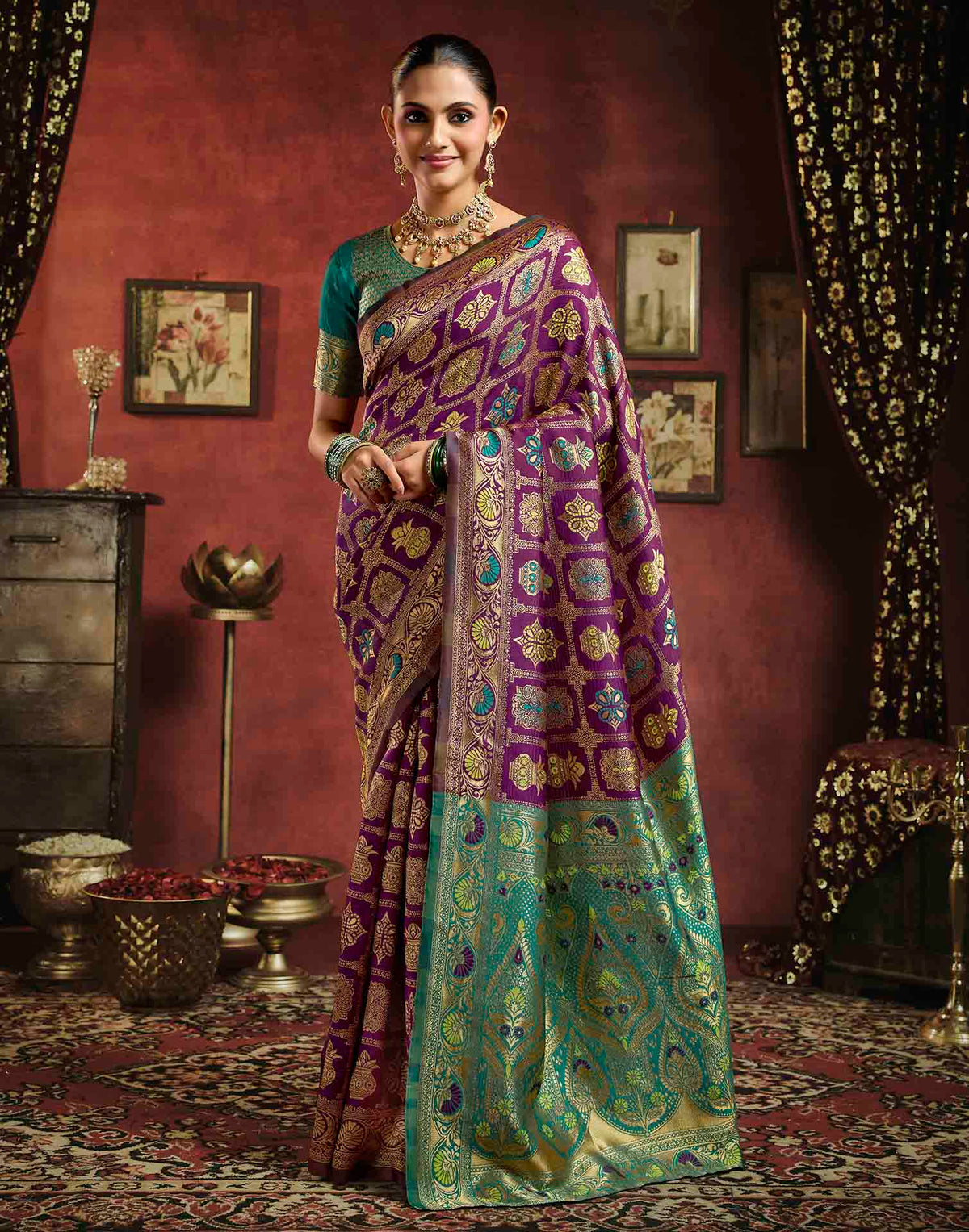 Dark Wine Silk Woven Patola Saree