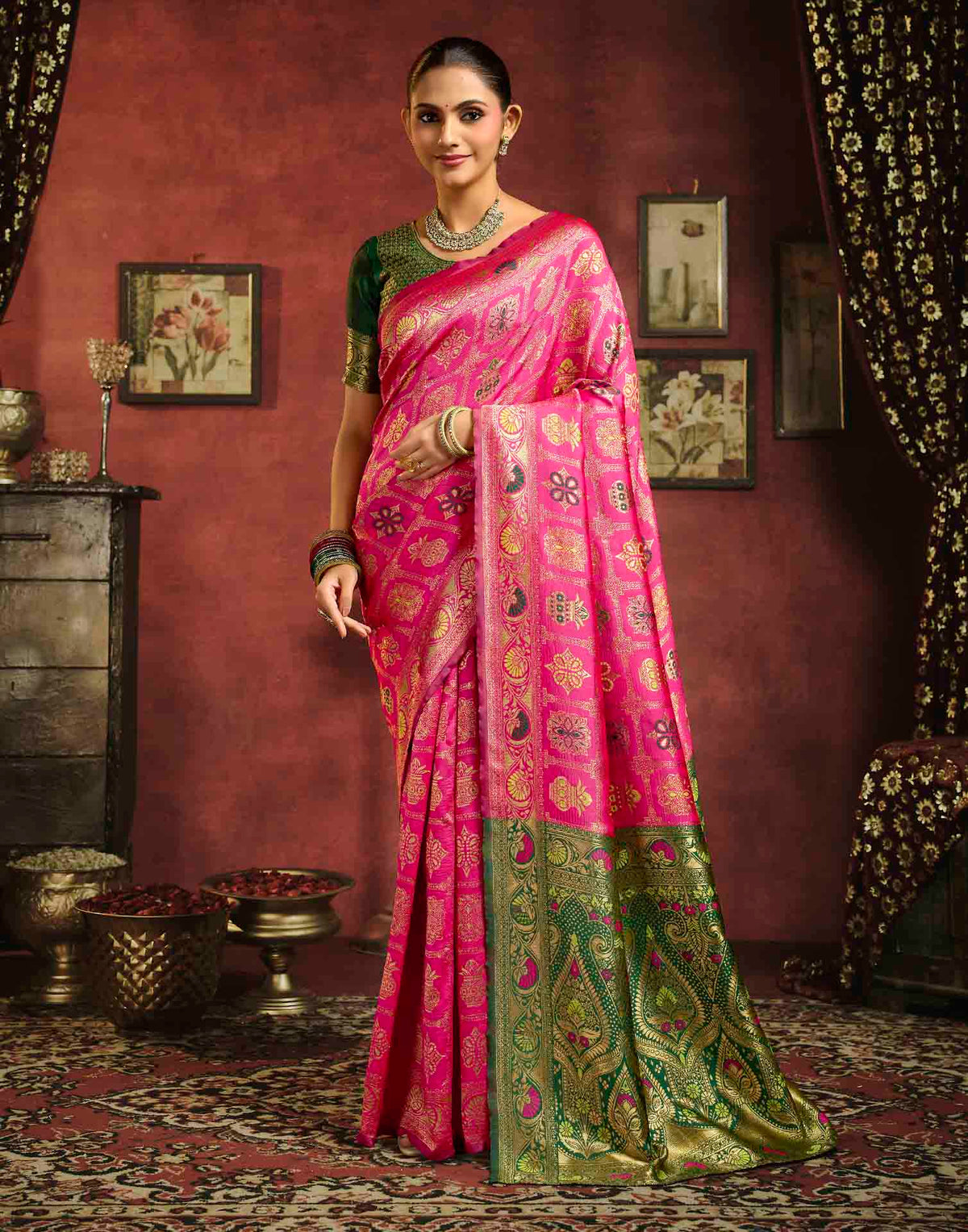 Rani Pink Silk Woven Patola Saree