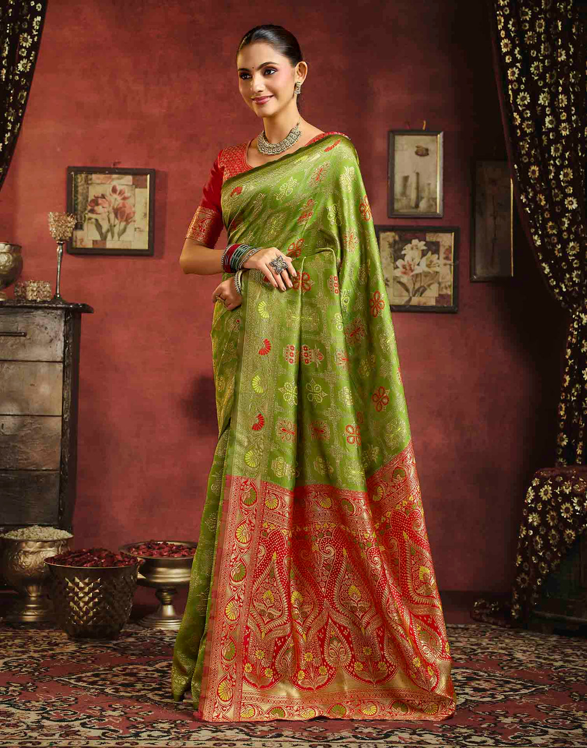 Parrot Green Silk Woven Patola Saree