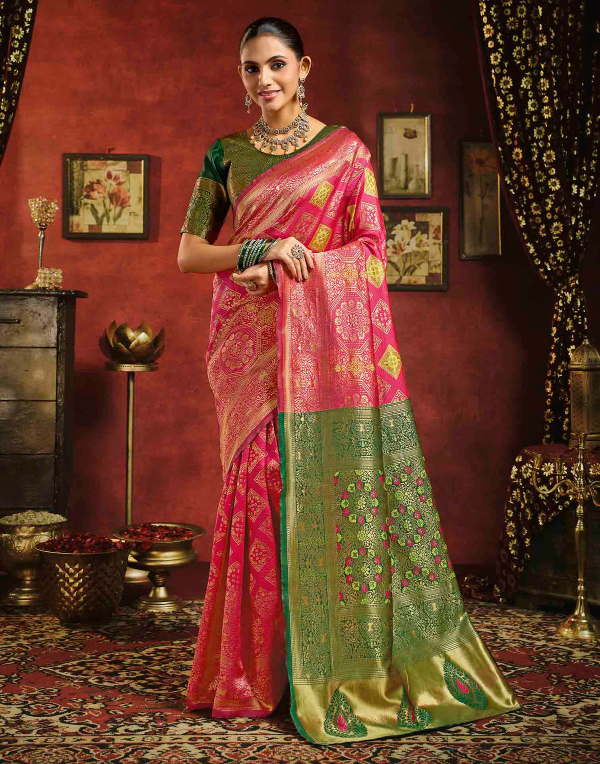Dark Pink Silk Woven Banarasi Saree