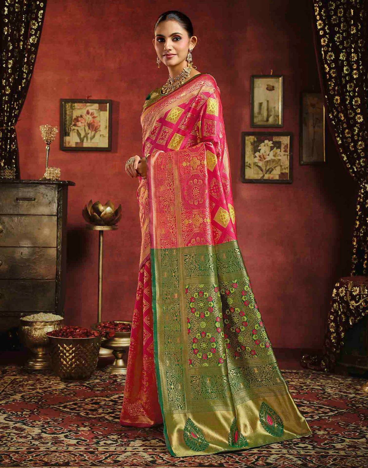 Dark Pink Silk Woven Banarasi Saree