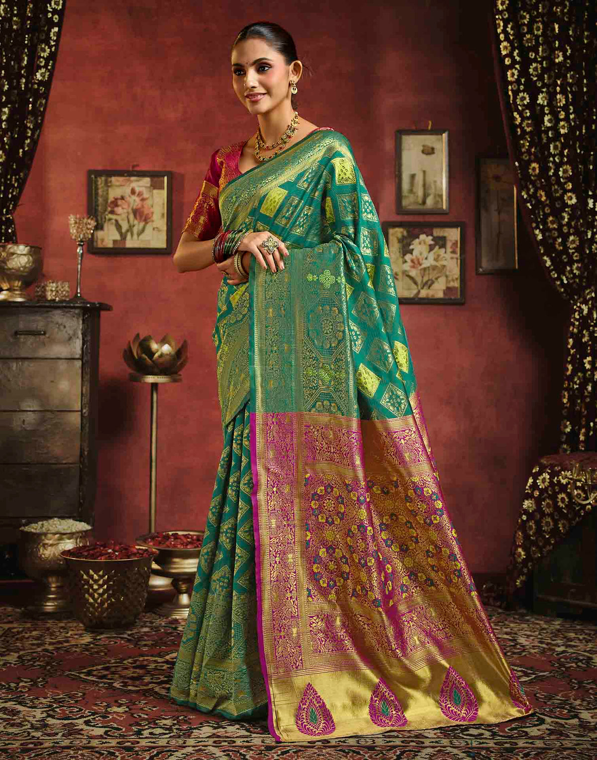 Teal Blue Silk Woven Banarasi Saree