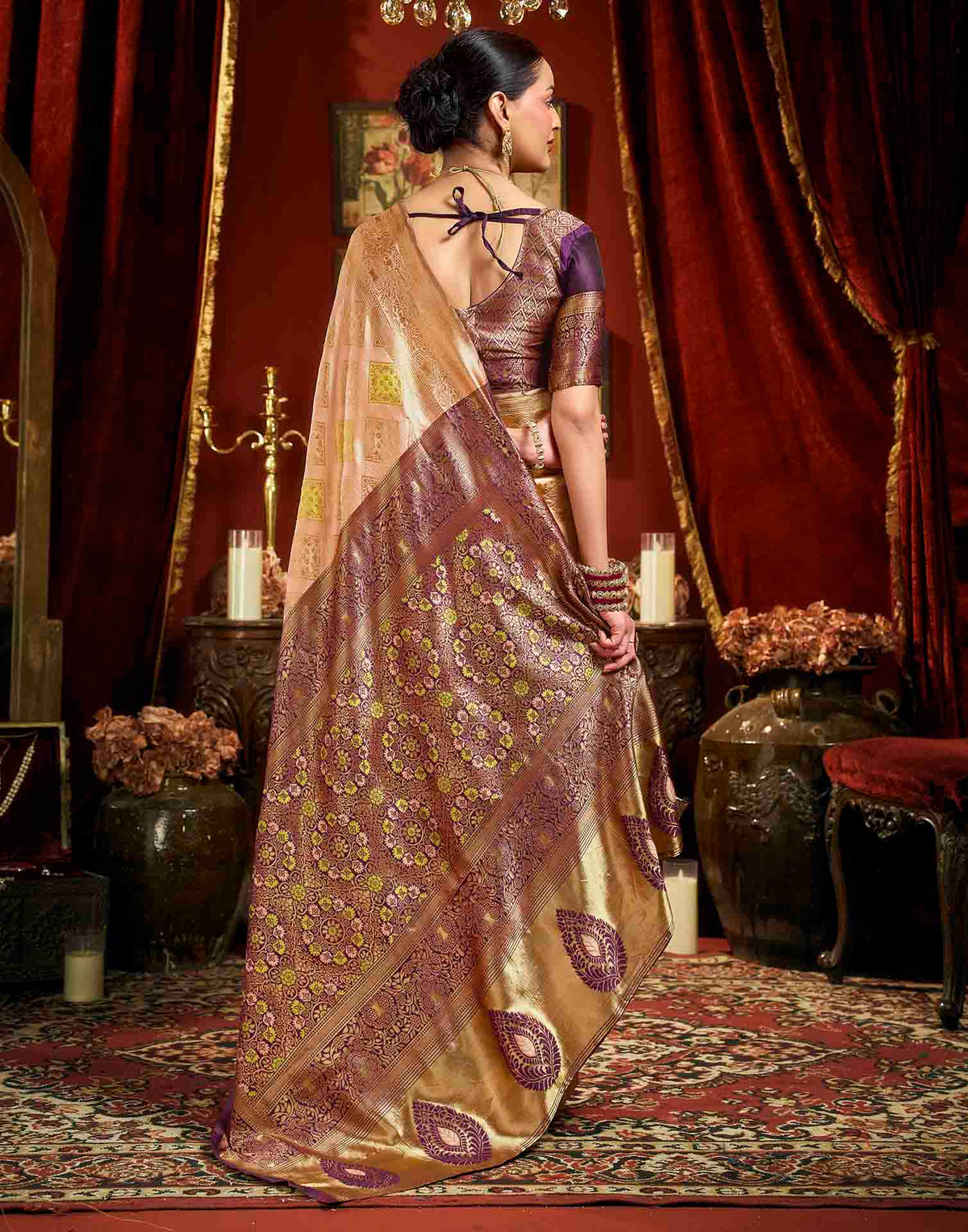 Peach Silk Woven Banarasi Saree