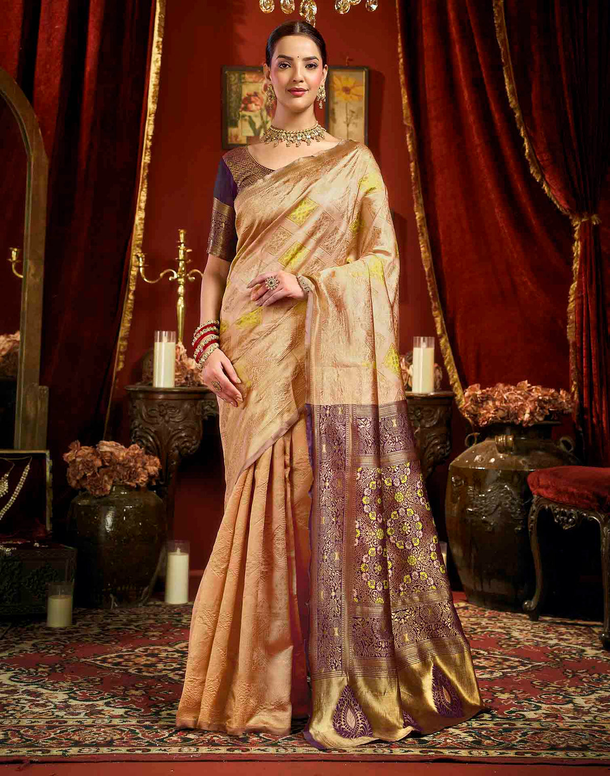 Peach Silk Woven Banarasi Saree
