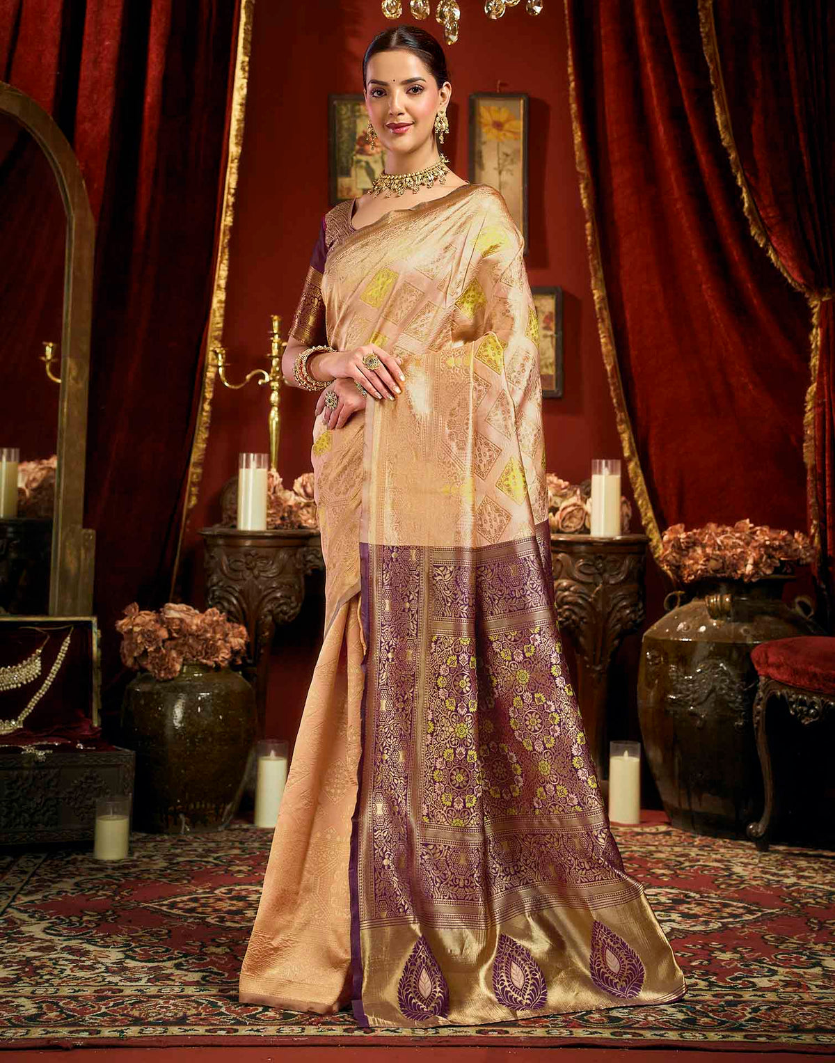 Peach Silk Woven Banarasi Saree