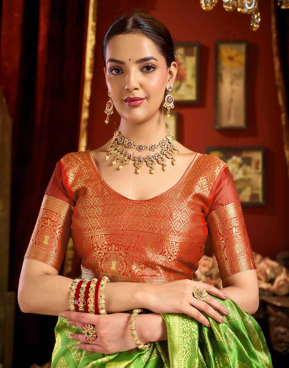 Parrot Green Silk Woven Banarasi Saree
