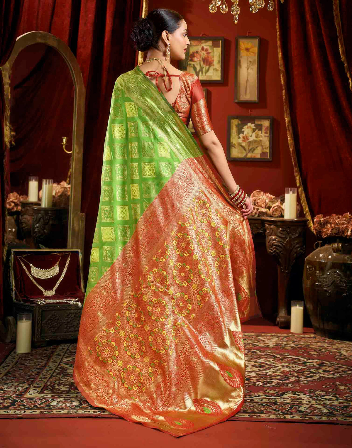 Parrot Green Silk Woven Banarasi Saree