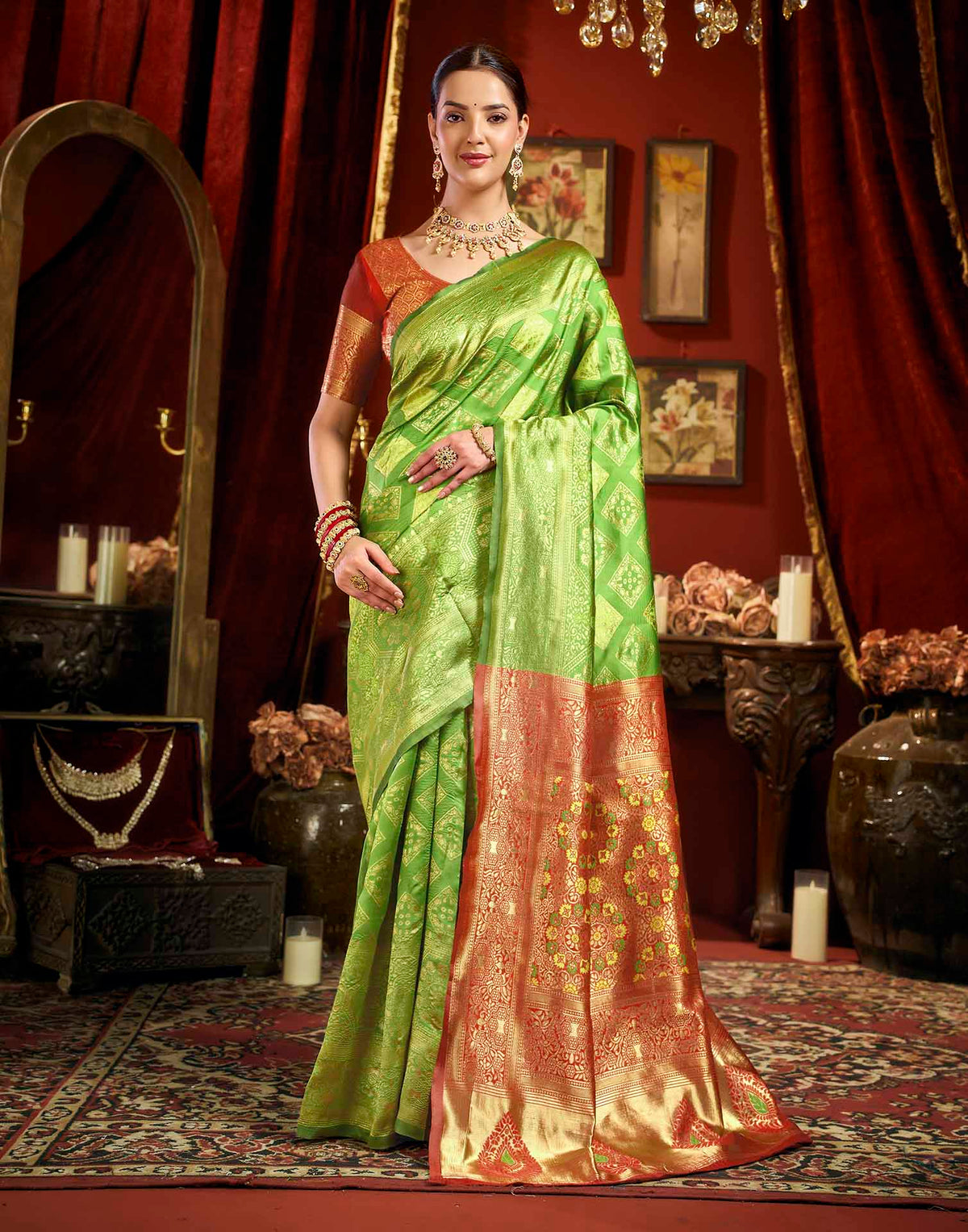 Parrot Green Silk Woven Banarasi Saree