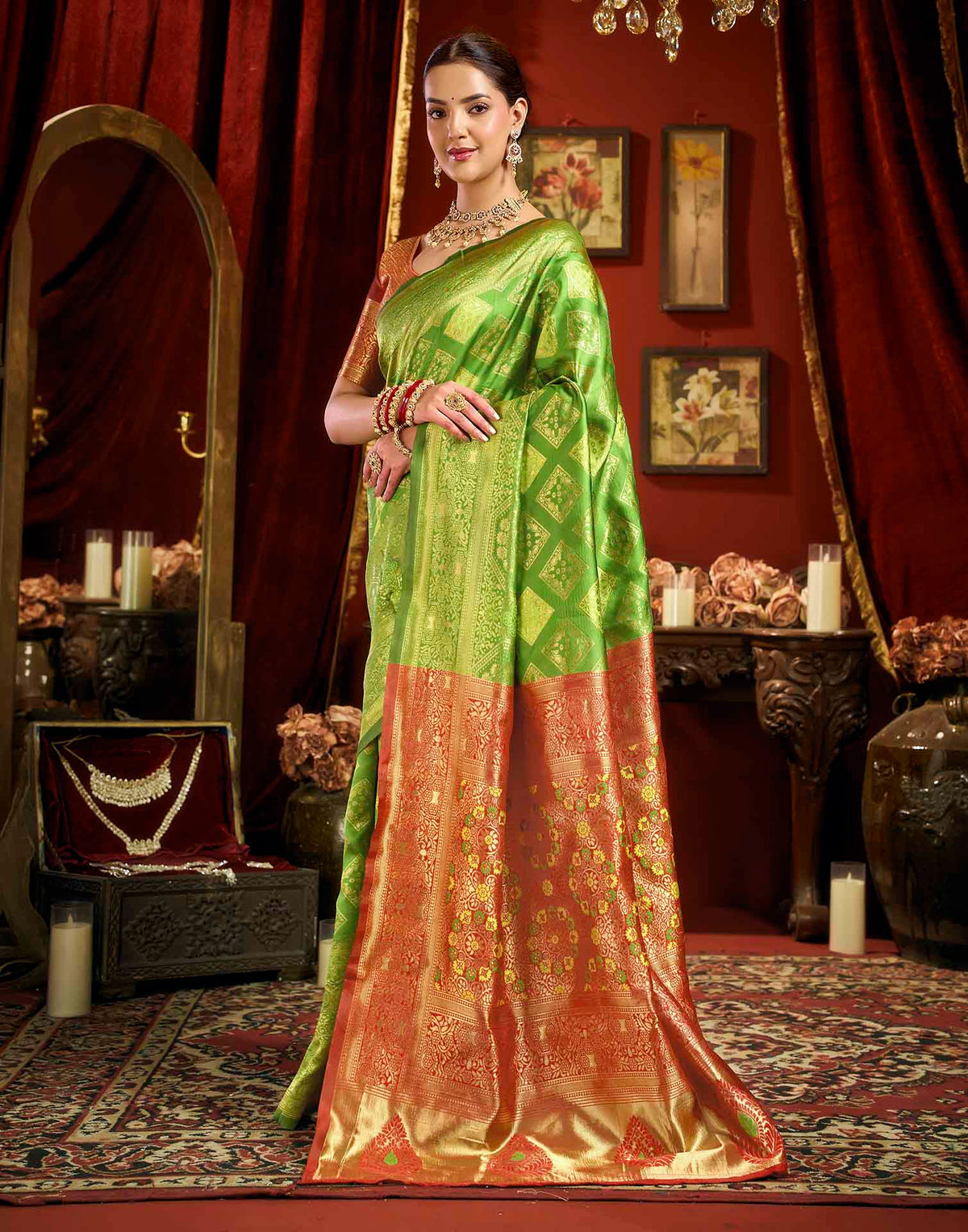Parrot Green Silk Woven Banarasi Saree