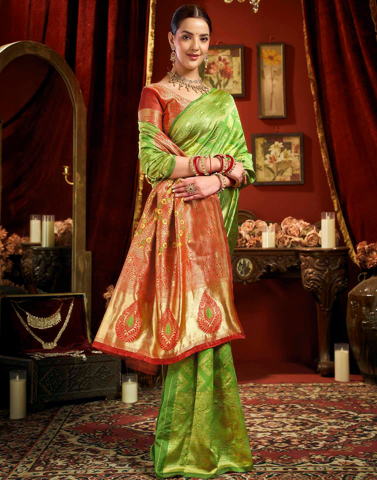 Parrot Green Silk Woven Banarasi Saree
