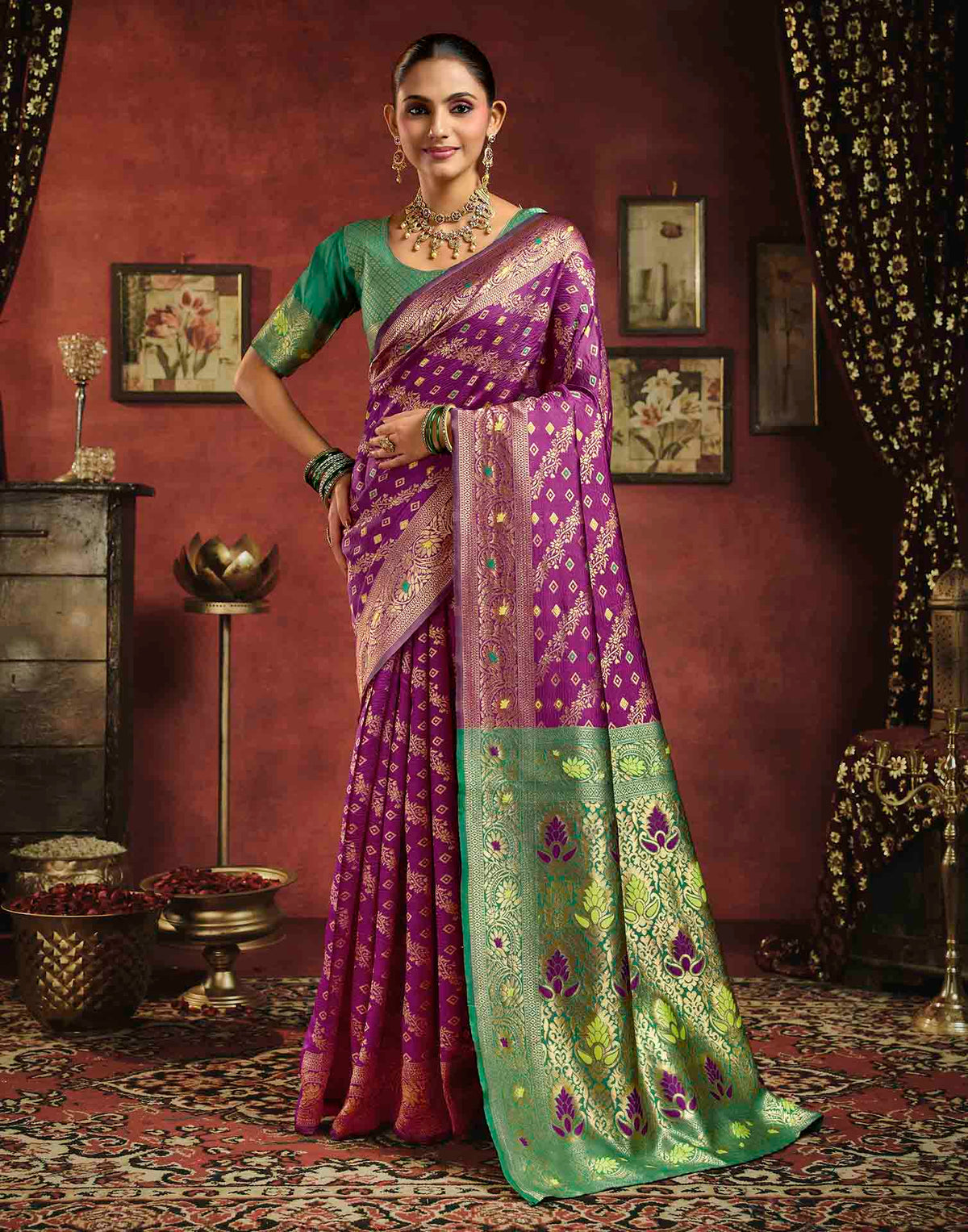 Wine Silk Woven Banarasi Saree