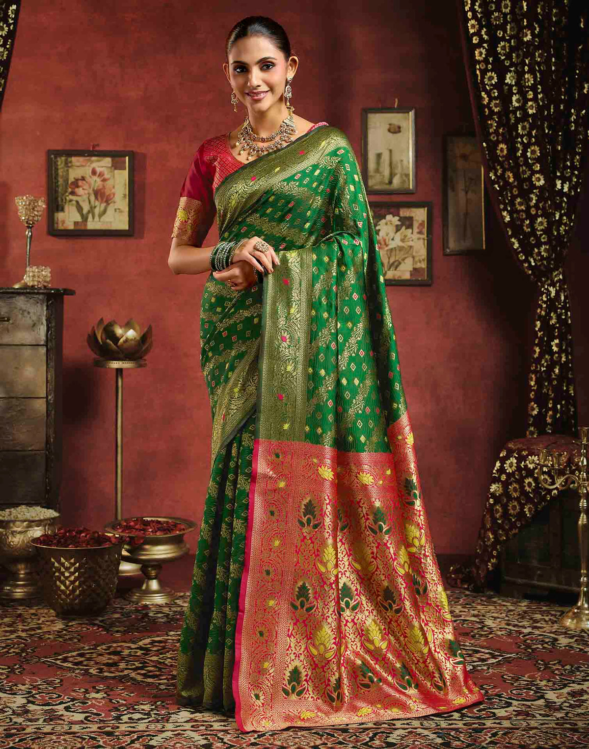 Dark Green Silk Woven Banarasi Saree