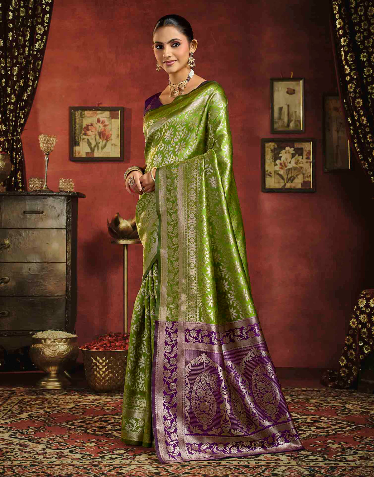 Parrot Green Silk Woven Banarasi Saree