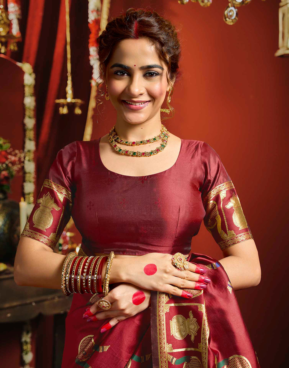 Karwa Chauth Maroon Silk Woven Banarasi Saree