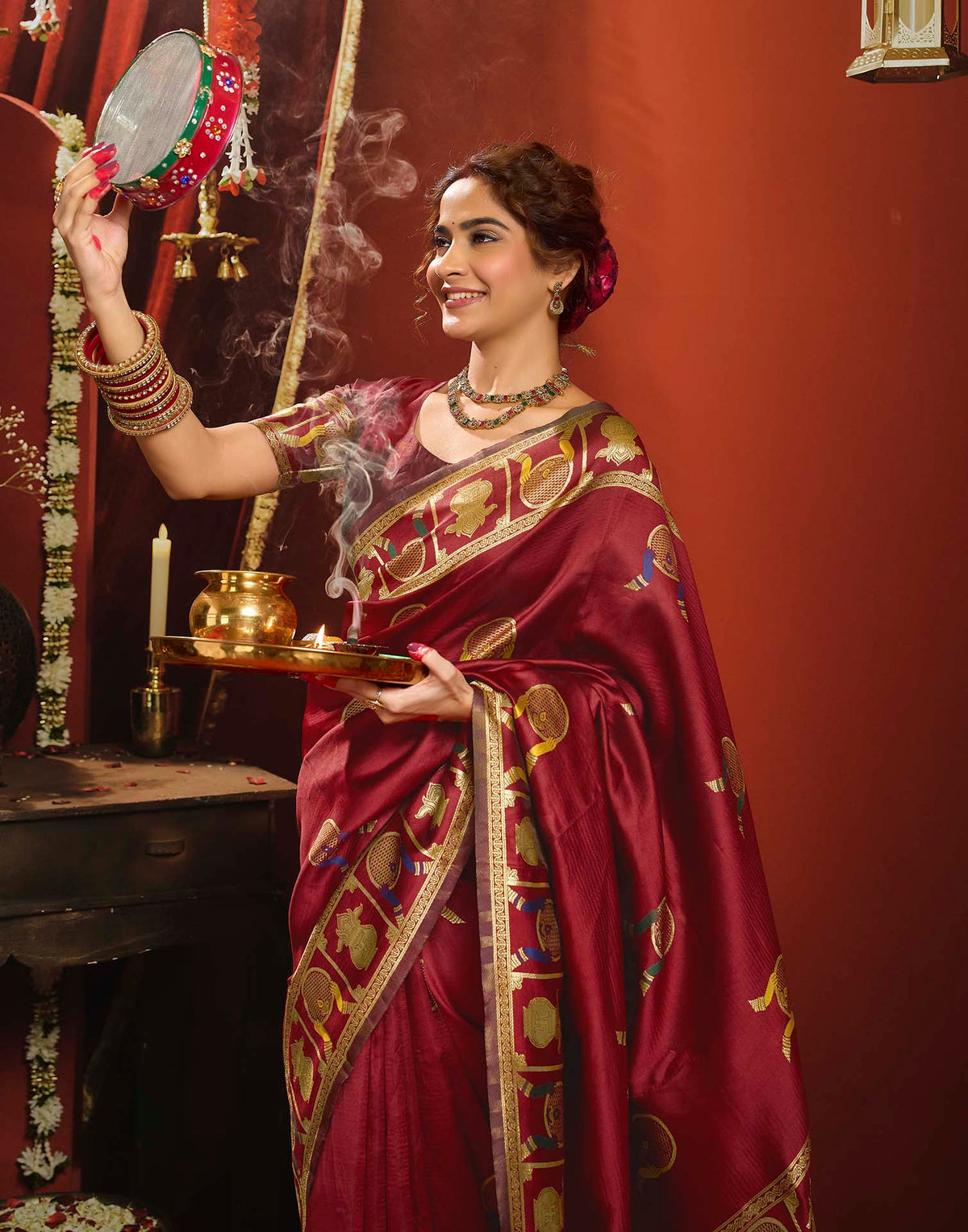 Karwa Chauth Maroon Silk Woven Banarasi Saree