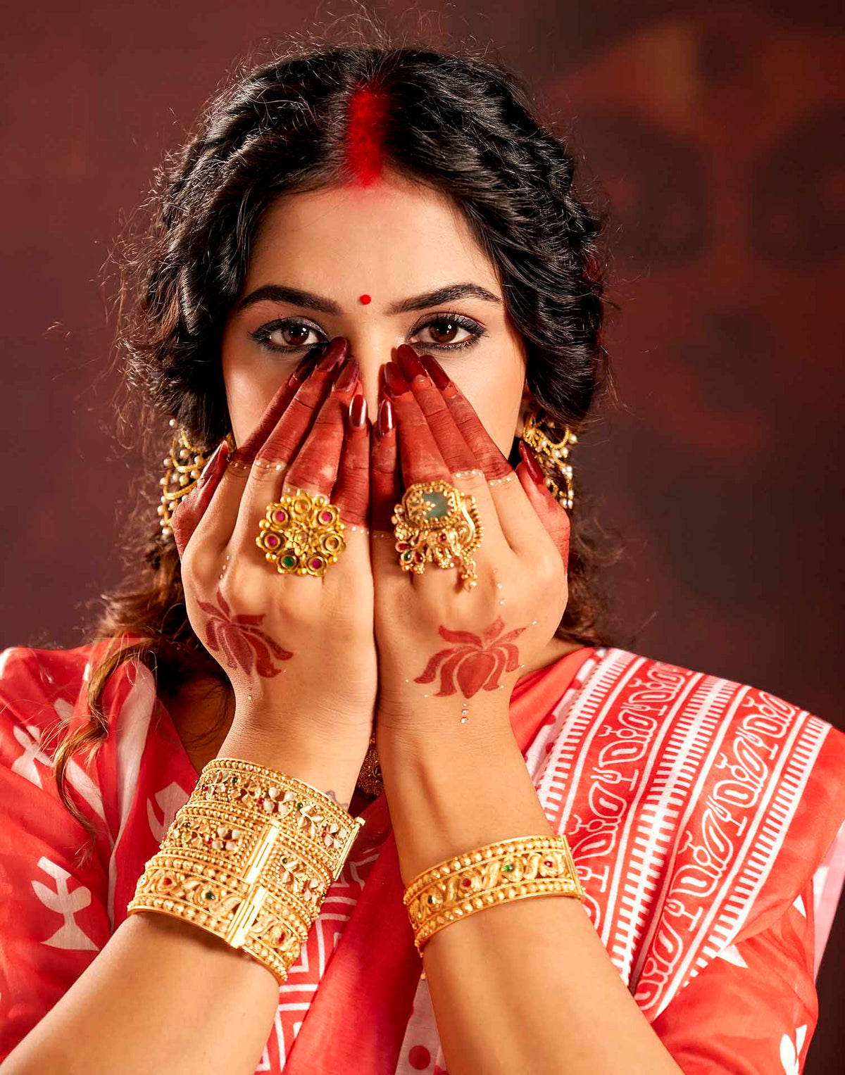 Durga Puja Red Cotton Printed Saree