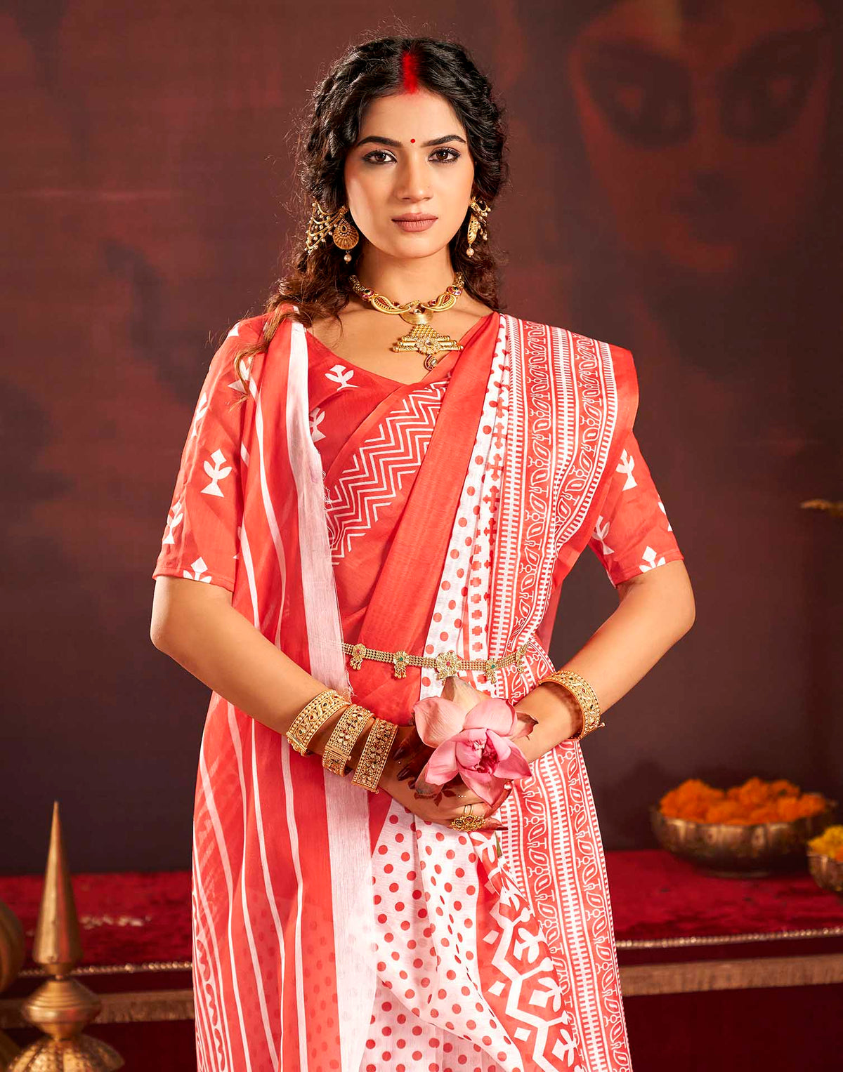 Durga Puja Red Cotton Printed Saree