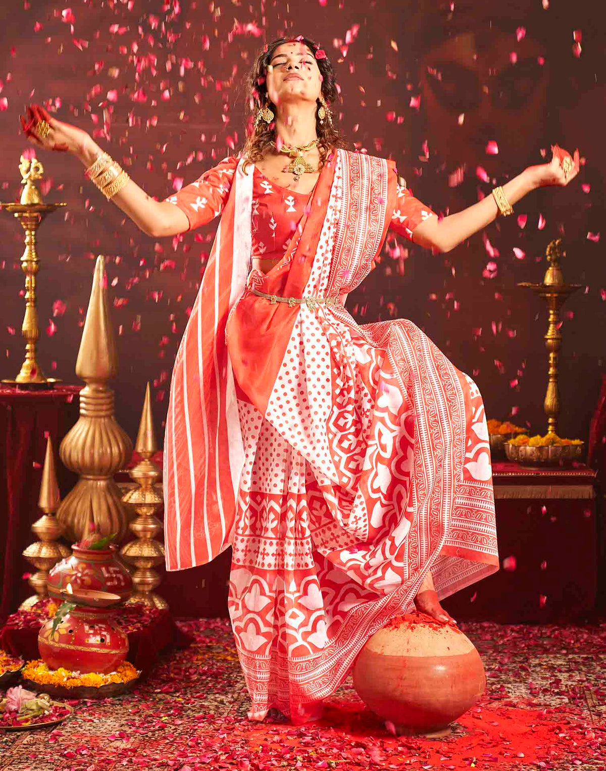 Durga Puja Red Cotton Printed Saree