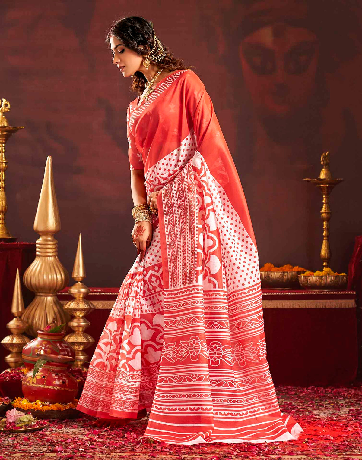 Durga Puja Red Cotton Printed Saree