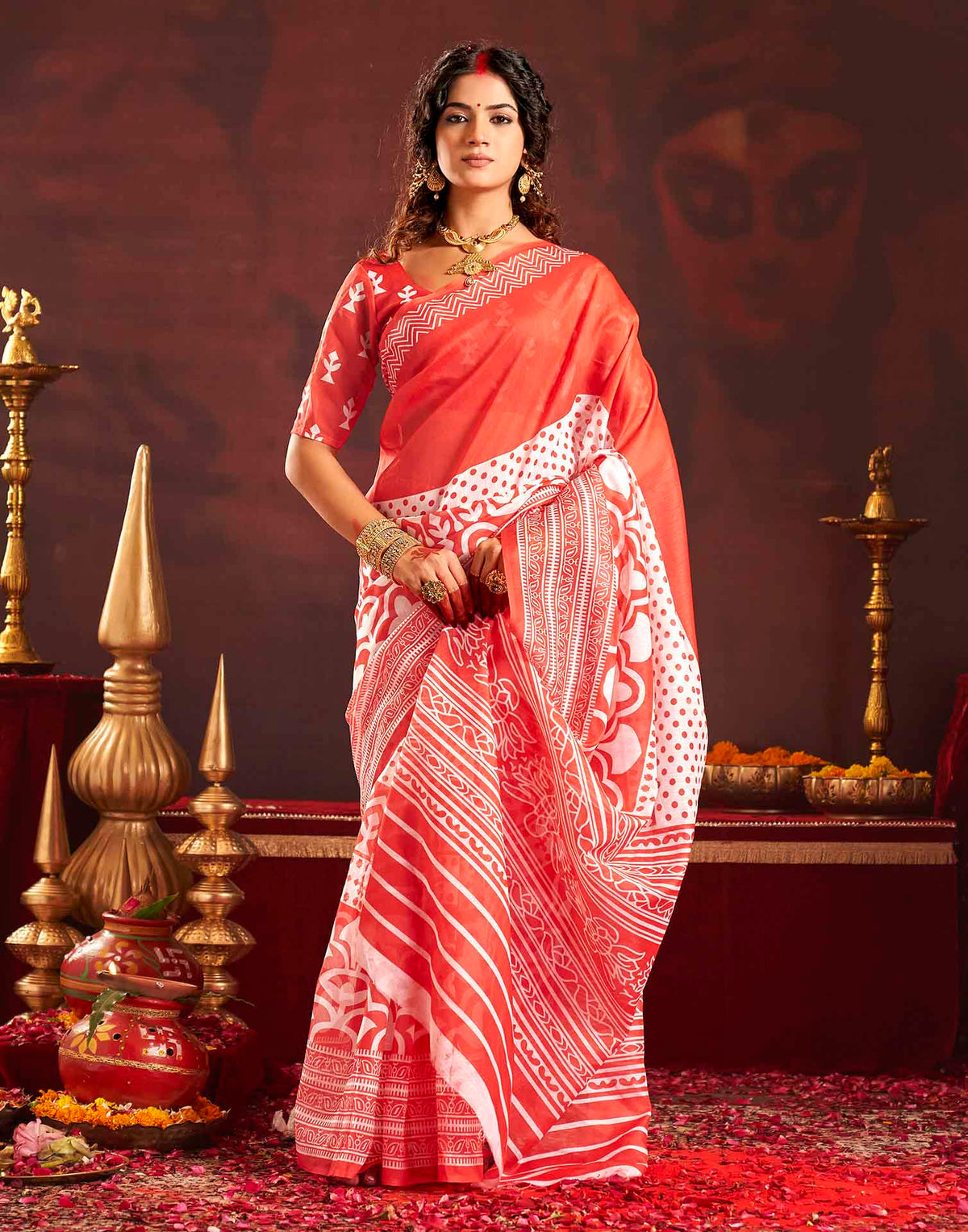 Durga Puja Red Cotton Printed Saree