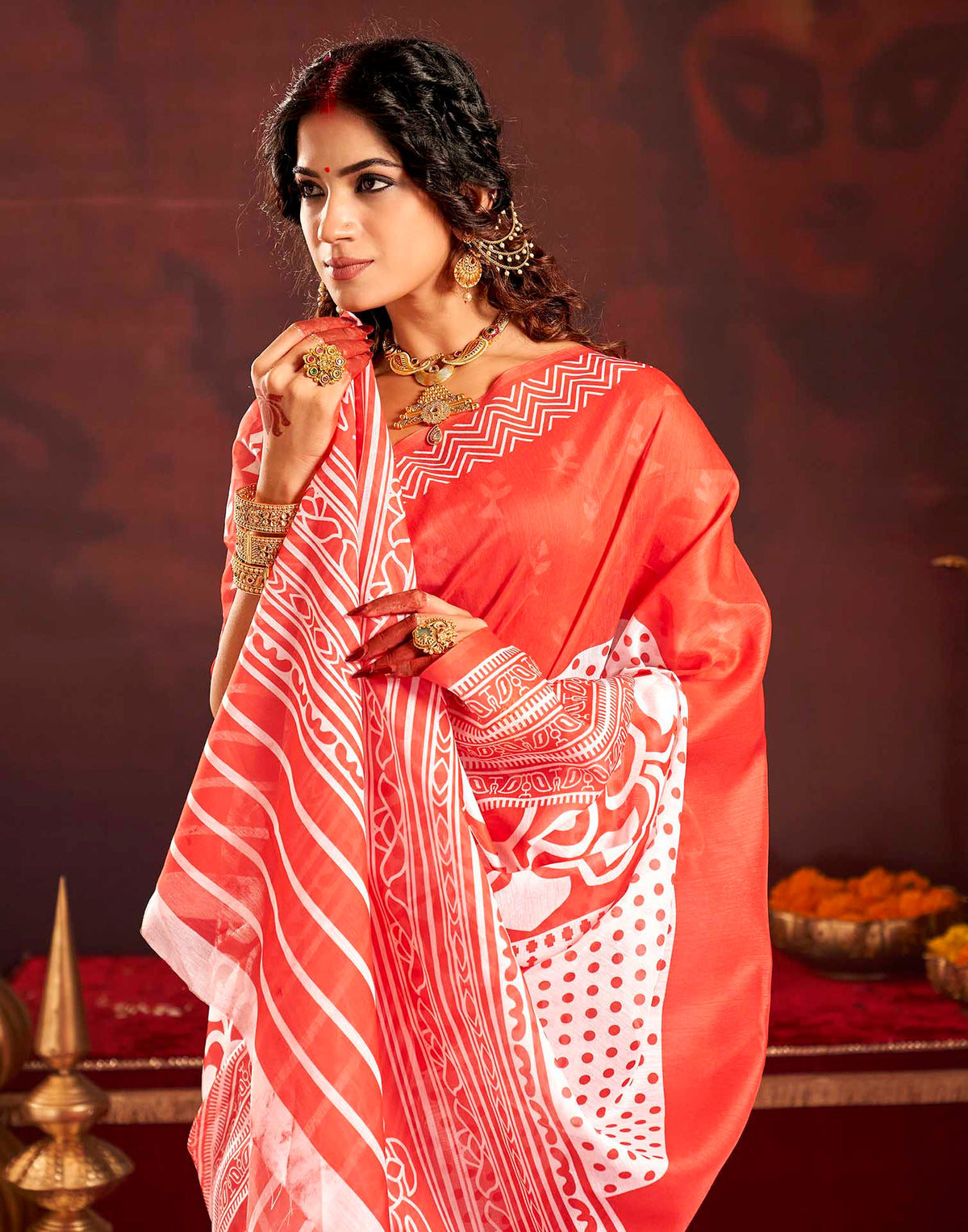 Durga Puja Red Cotton Printed Saree