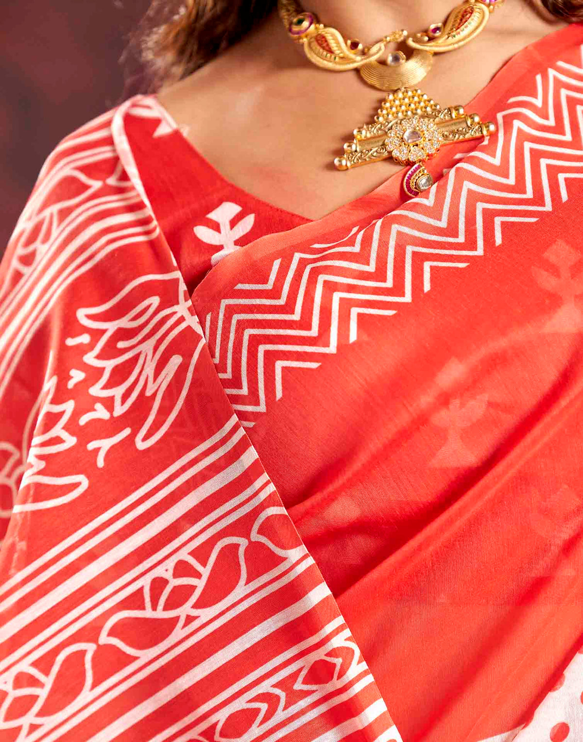 Durga Puja Red Cotton Printed Saree