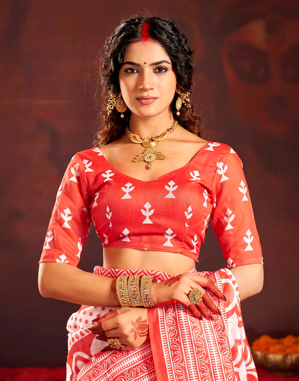 Durga Puja Red Cotton Printed Saree