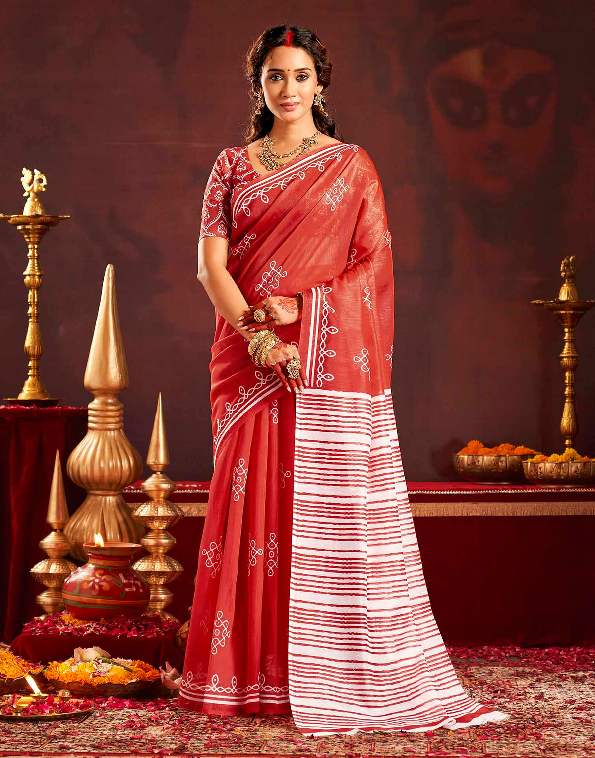 Durga Puja Red Cotton Motif Printed Saree