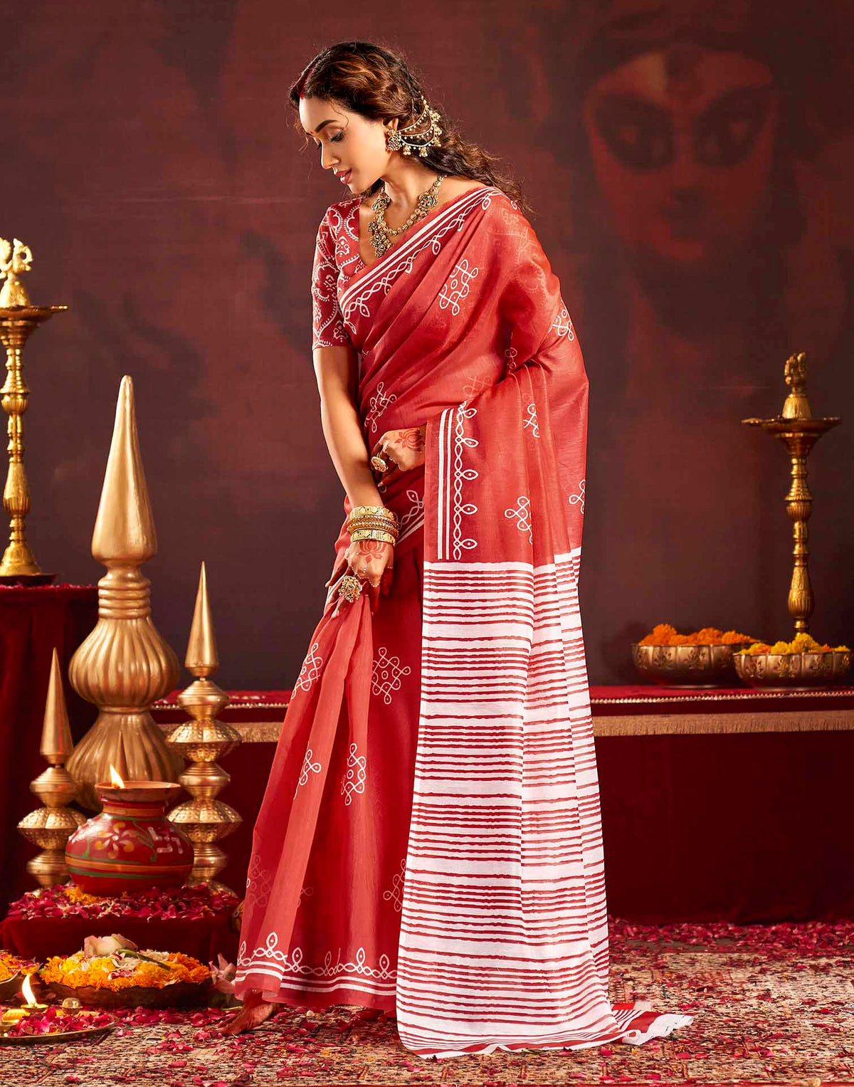 Durga Puja Red Cotton Motif Printed Saree