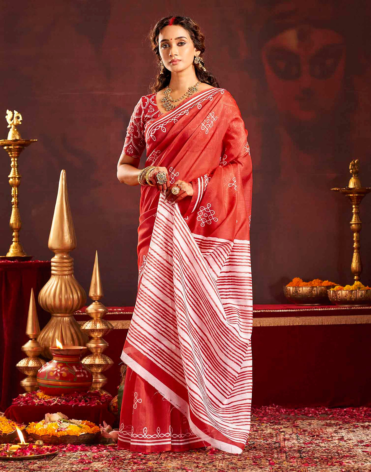 Durga Puja Red Cotton Motif Printed Saree